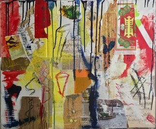Angela Kirkner: 'reds', 2020 Mixed Media, Abstract. Mixed media on gessoed canvas.Torn paper, acrylic, pastel, torn canvas, gold leaf, corrugated board. ...