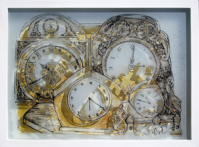 Artist Alejandra Coirini. 'Desk Clocks' Artwork Image, Created in 2012, Original Printmaking Lithography - Open Edition. #art #artist