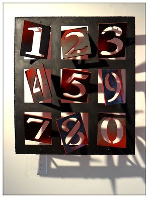 Alexey Klimov: 'PERPETUAL CALENDAR', 2013 Mixed Media Sculpture, Abstract.        This stand- alone wall sculpture represents the whole scope of the decimal system. Using the digit components one can compile any imaginable date of the remote past, as well as unimaginable future. This piece is spaced 3- 7in. off the wall and its back is painted bright red, which with...