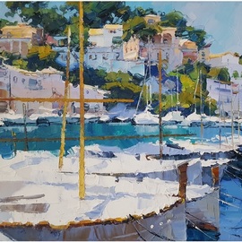 Alex Hook Krioutchkov: 'cala figuera xxii', 2020 Oil Painting, Boating. Artist Description: Painting.  Oil on canvas. 70x50x2cm.  One of a kind.  Signed.Painted bordersNo frame is requiredThis work will ship flat in a sturdy, well- protected cardboard box. ...