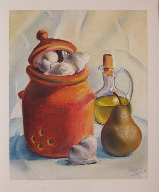 Alex Mirrington  'Garlics, Oil And A Pear', created in 2008, Original Painting Acrylic.