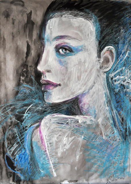 Artist Alex Solodov. 'Original Oil Pastel Painting Model In Blue' Artwork Image, Created in 2014, Original Painting Ink. #art #artist