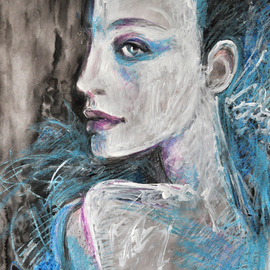 Original oil pastel painting Model in Blue By Alex Solodov