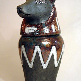 Alice Buttress: 'Anubis Jar', 2001 Ceramic Sculpture, History. Artist Description: Anubis Canopic Jar. Handthrown and sculpted from clay, glazed and Raku fired. This piece is enhanced by the lovely copper tones and deep turquoise highlights created in the glaze by the post firing reduction....