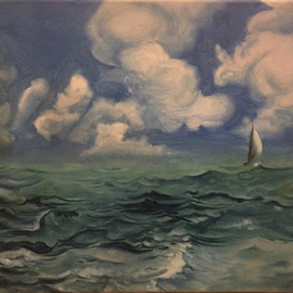 Alina Krasilnikova: 'Abstract sea view with little sailing boat', 2016 Oil Painting, Landscape. Artist Description:  Sky, water, wind. . . Things you need to relax.Blue sky and white clouds, sea with dark waves will make you feel calm and peaceful ...