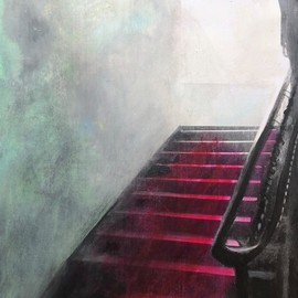 Alina Picazio: 'descending a staircase', 2020 Acrylic Painting, Interior. Artist Description:  Descending a Staircaseis a theme that I often repeat while paintin interiors.  The image is an attempt to capture the transience of memories, their transformations in time and mind.  Still changing emotions, distracting little things, colors, new information and illusions overlap like subsequent layers of paint covering the ...