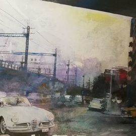 Alina Picazio: 'tokyo and anna n', 2019 Acrylic Painting, Cityscape. Artist Description: The image is an attempt to capture the transience of memories, their transformations in time and mind. Still changing emotions, distracting little things, colors, new information and illusions overlap like subsequent layers of paint covering the original graphics, which is the first testimony of a stopped moment from ...
