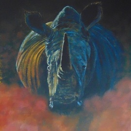Alina Savko: 'approaching', 2019 Acrylic Painting, Animals. Artist Description: It is a rhino approaching towards you from the dark through the red dust. This painting represents power and beauty of the animal. ...