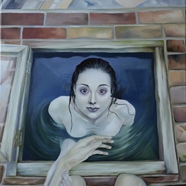 Alina Vorozheykina: 'dream', 2021 Oil Painting, Outsider. Artist Description: The girl with six fingers is a guide to another reality. She invites the person she is holding, but at the same time looks at the viewer, which creates the effect of identification with the seated character...