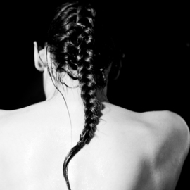 Aliona Kuznetsova: 'alone', 2014 Black and White Photograph, Portrait. Artist Description: An image of a woman facing from the camera. Her wet, white, broad back is crossed by a braid of black hair. Her perceived emotional state is longliness and despair...