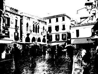 Alkistis Wechsler: 'rain in Venice', 2007 Other Photography, Scenic. Artist Description:  Treshold applied on a colour digital image I made Nov 2007 in Venice. A street Market with lots of umbrellas!The print is for sale. ...