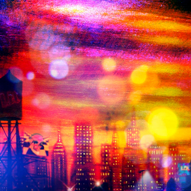 Allan Linder: 'brooklyn water tower', 2022 Acrylic Painting, Cityscape. Artist Description: Brooklyn Water Tower started as a hand- painted acrylic artwork of the city and then digitally painted, animated, and finally, one hundred or more multiple layers are compiled to reveal the artwork. Linder combines real- world artwork with digital compositions that fuse texture from painting on canvas with ...