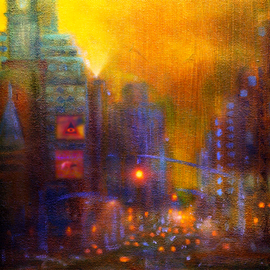 Allan Linder: 'intersection', 2022 Acrylic Painting, Cityscape. Artist Description: Intersection started as a hand- painted acrylic artwork of the city and then digitally painted, animated, and finally, one hundred or more multiple layers are compiled to reveal the artwork. Linder combines real- world artwork with digital compositions that fuse texture from painting on canvas with motion animation, ...