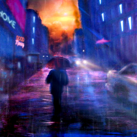 Allan Linder: 'red umbrella', 2022 Acrylic Painting, Cityscape. Artist Description: Red Umbrella started as a hand- painted acrylic artwork of the city and then digitally painted, animated, and finally, one hundred or more multiple layers are compiled to reveal the artwork. Linder combines real- world artwork with digital compositions that fuse texture from painting on canvas with motion ...