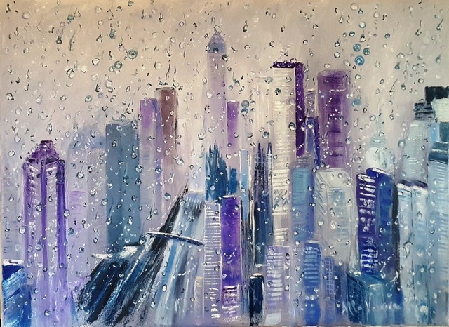 Artist Alla Alevtina Volkova. 'Raining In New York City' Artwork Image, Created in 2015, Original Painting Oil. #art #artist
