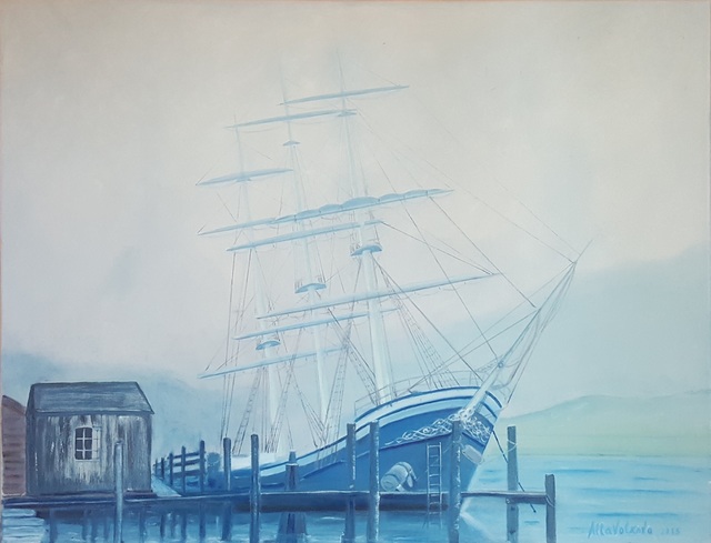 Artist Alla Alevtina Volkova. 'Sailboat At The Pier' Artwork Image, Created in 2015, Original Painting Oil. #art #artist