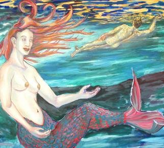 Tyler Alpern: 'Mermaid', 2004 Oil Painting, Figurative. Mermaid and nude swimmer in an exotic lake.  Light filters down from above...