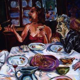Tyler Alpern: 'The Grownups', 2004 Oil Painting, Figurative. Artist Description: The Grown- ups is one of my favorites.  It recalls my childhood fascination of listening to and watching the adults at my parents' parties.  Thus, the girl is the only one you make eye contact with.  The irregular perspective places you at the table, and a little drunk.  ...