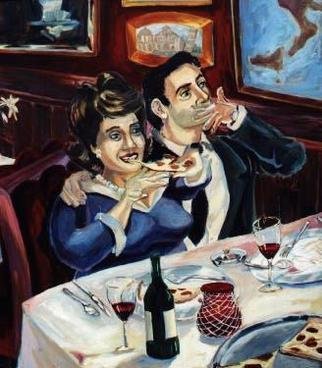 Tyler Alpern: 'They Call It Bella Notte', 2004 Oil Painting, Figurative. I think that this painting is about sex without being graphic,  the evening is not yet over.  Couple eating in an Italian restaurant.   There are wine, pizza, candles.  She is large and enjoying her meal, he is finished and smoking.  You can see the waiter in the mirror. ...
