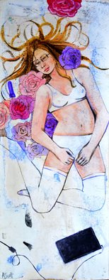 Amanda Scott: 'Alone Time', 2015 Other Painting, Erotic.  sensual, wood burning, mixed media, Maui Artist, nude, figure, portrait, acrylic, oil, original art, Amanda Carey Scott, Hawaii, dildo, roses, glasses, girl ...
