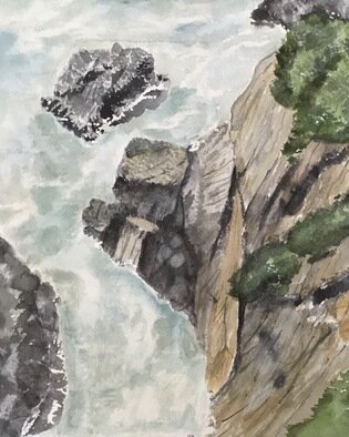 Ron Seiler: 'at my feet', 2022 Watercolor, Beach. This painting captures a rough sea as viewed from a high cliff. The choppy surf hammer black rocks. ...