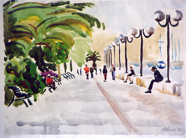 A M Bowe  'Promenade Lagos', created in 2002, Original Watercolor.