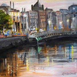 A M Bowe: 'View of Halfpenny Bridge from O Connell Bridge Dublin', 2009 Oil Painting, Cityscape. 