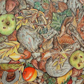 Andree Lisette Herz: 'Fall Leaves 2', 2003 Pencil Drawing, nature. Artist Description: colored pencil of the forest floor and some found objects including fishing float...