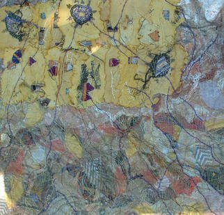 Andree Lisette Herz: 'Golden Leaves', 2001 Fiber, Abstract. Handmade paper and quilted fabric with stiching and found objects...
