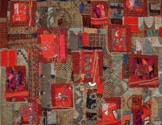 Andree Lisette Herz: 'machine age red', 2010 Fiber, Abstract.      fabric , stitching found objects , copper, mica, iron     ...