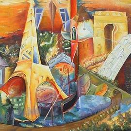 Andrei  Dobos: 'europe', 2018 Oil Painting, Cityscape. Artist Description: This painting is one of a king cubist painting incorporating several of the most common European buildings, like Tour Eiffel in Paris, a Gondole in Venice, Tower of Pisa, The Pantheon in Athens and so on. It is a stable triangular composition....