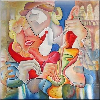 Andrei  Dobos: 'love in venice', 2018 Oil Painting, Love. This painting represents a fictional scene, a love story, in the beautiful city of Venice. The masculine character, an Harlequin holds the Feminine character, a beautiful lady and together they sing a song, holding their hands together on the same guitar. The composition of the painting is in spiral, form ...
