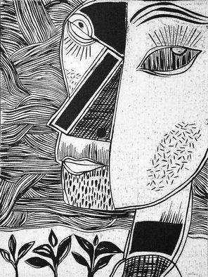 Andre Nod: 'lyric', 2014 Linoleum Cut, Abstract Figurative. face...