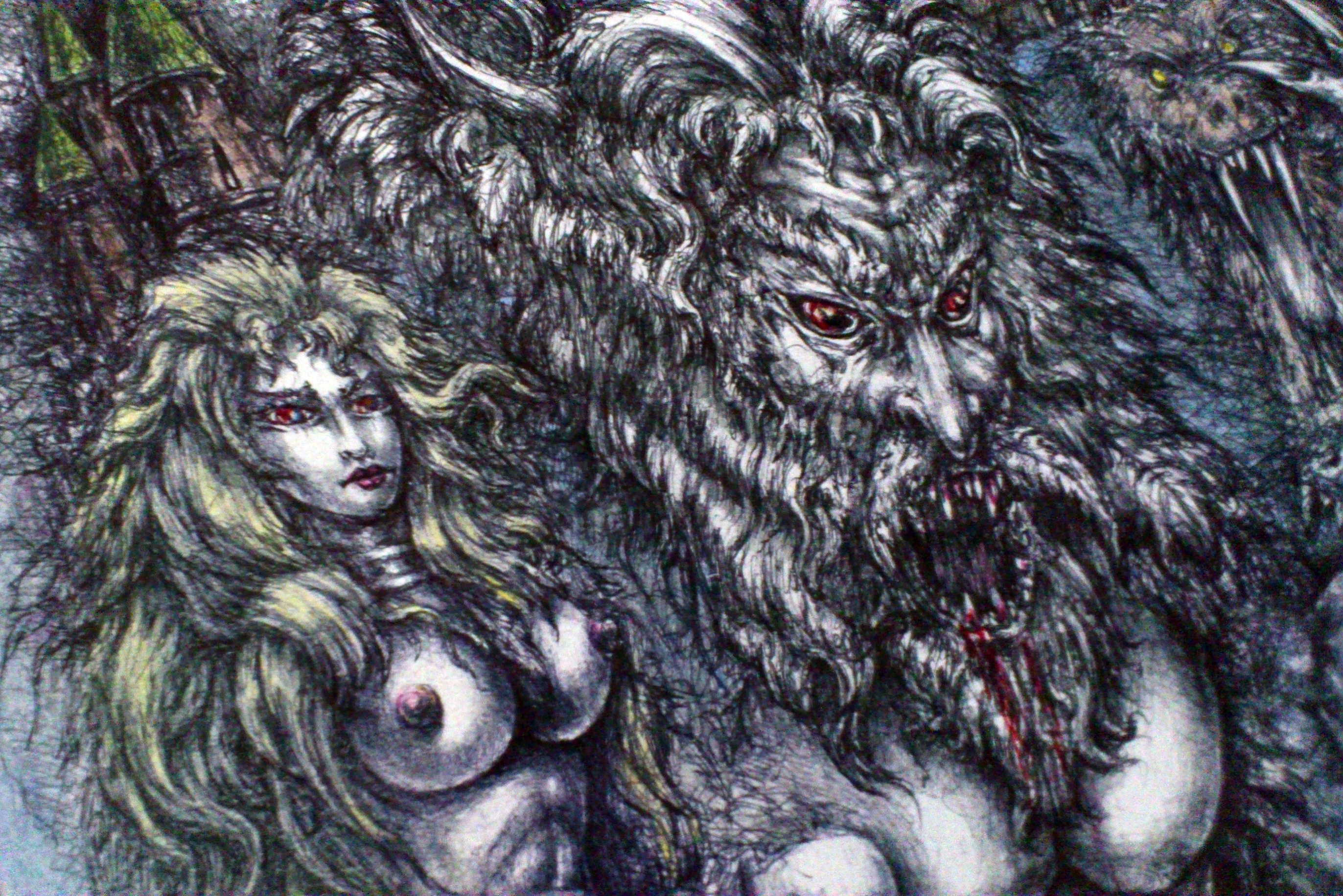 Angel Piangelo : 'RIDING HOOD AND THE WOLF', 2016 Mixed Media, Fantasy. PAINTING DRAWING - mixed Technique - Permanent, as permanent black pens were used for the main Drawing - FANTASY DARK HORROR - inspired from the medieval Mythology the Fairy Tales of Grimm Brothers - Original Angel P.  Artwork 2016 - a black wooden Frame is included, which means that the Artwork is ready for the wall - ...