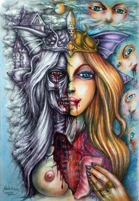 Angel Piangelo : 'ZOMBIE QUEEN', 2018 Acrylic Painting, Fantasy. Painting - Aquarelle thick paper 250 gr- mixed Technique with acrylic colors, pens colored Pencils - Permanent black Pens were used, meaning difficult technique as it is impossible to correct or erase any mistakes - Fantasy Hot Horror Dark Cult Theme - a black wooden Frame is included, which means that the Artwork is ...