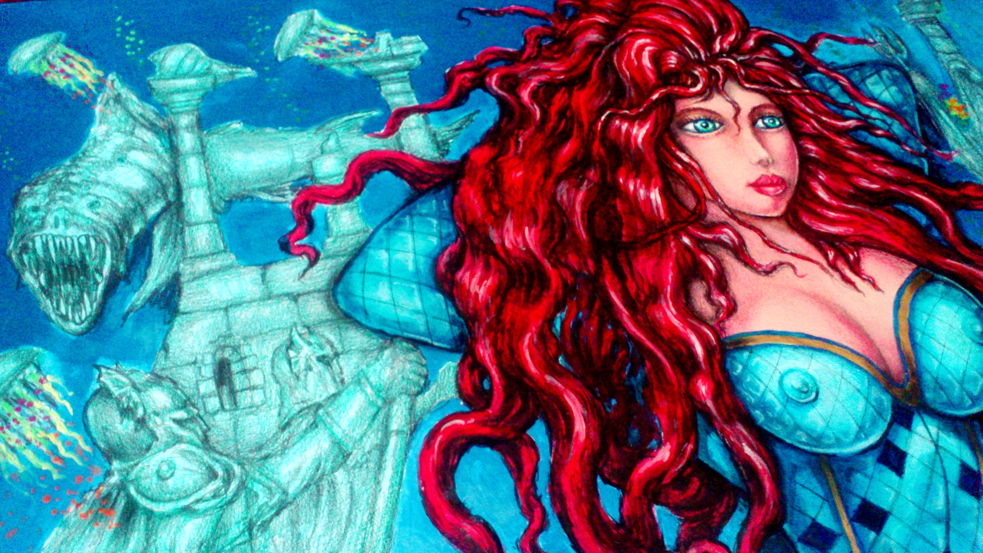 Angel Piangelo Papangelo: 'aquawoman in atlanits', 2019 Acrylic Painting, Erotic. AQUAWOMAN in ATLANTIS by Angel P.  Painting with Acrylic colours 70and colour pencils markers 30- a Unique Special Technique applied that makes the Painting looks like an oil Painting on a Canvas, although no oils used and also Permanent no needs for any protective glassUnique Amazing Hot Sexy Unbelievable- Inspired ...