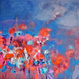 Anna Zygmunt : 'Evening Meadow, june 2013, oil canvas by ANNA ZYGMUNT', 2013 Oil Painting, Abstract Figurative. Artist Description:     A glimpse of nature with meadow flowers depicted in a landscape that is dominated by a background light- blue blue with, depicted in the left half, multicolored flowers by various shades of red, rose, light blue, and white. Freshness of inspiration and feeling characterize this magnificent work.  ...