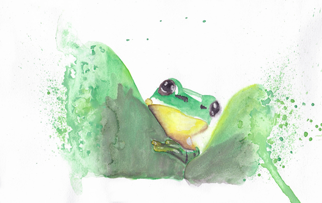 Artist Ana Neto. 'Curious Frog' Artwork Image, Created in 2019, Original Watercolor. #art #artist