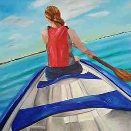 Ana Neto: 'summer canoeing', 2019 Acrylic Painting, Boating. Artist Description: A woman canoeing in a summer day. This is a representation of the artist dream become true. See the world in another perspective from the sea, isolated by water. ...