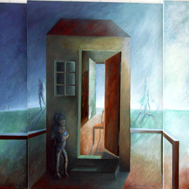 Anna Maria Grill-r.: 'Border Crosser', 2000 Oil Painting, Family. Artist Description:   house, family, child, past, future, blue, horizont,    ...