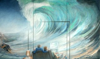 Anna Maria Grill-r.: 'Floot', 2006 Oil Painting, Zeitgeist.  wave, television, tsunami, family,   house, ocean, blue, horizont, cataclysmwater.     ...