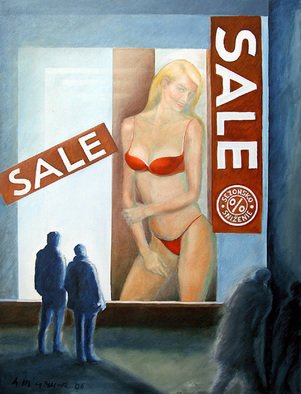 Anna Maria Grill-r.: 'SALE', 2006 Oil Painting, Zeitgeist.  nude, people, night, business, shop, shop window, light, town ...