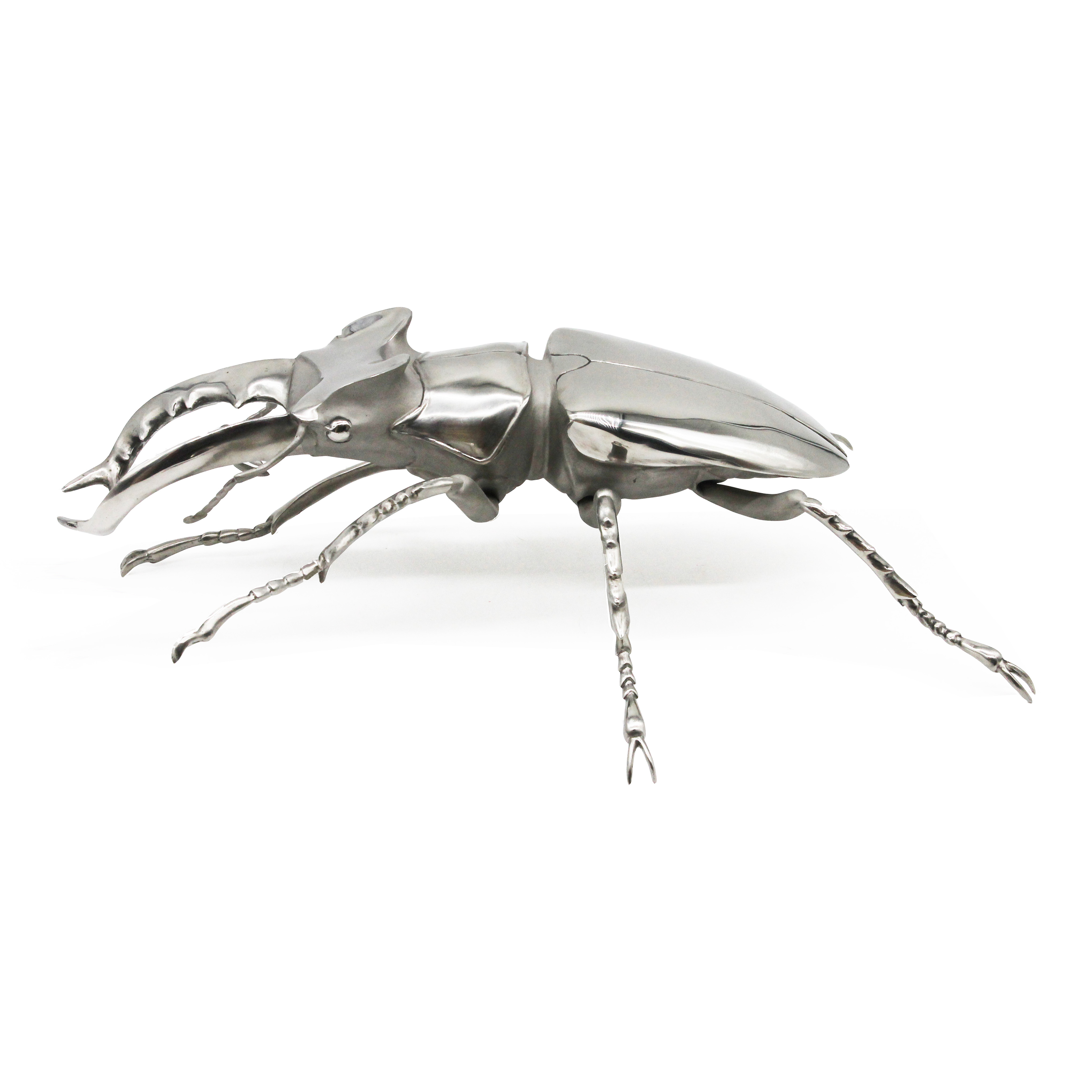 Anne Pierce: 'stag beetle stainless steel', 2021 Steel Sculpture, Abstract Figurative. The stag beetle is one of central characters in a collection that depicts a fictional world of grander than life size insects.  In my fictional world the relative size of these creatures is reversed, and they co- exist in peaceful harmony.  While the stag beetles often provide transportation and other ...