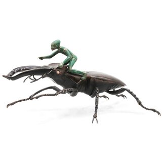 Anne Pierce: 'stag beetle with rider', 2021 Bronze Sculpture, Abstract Figurative. Stag beetles make formidable competitors in the annual Insect Race  IR  and have taken first prize in this contest more than any other beetle participants. It is debatable whether the success rate is significantly improved when accompanied by humanoid riders as there have been an equal number of first places ...