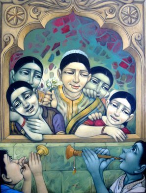 Pramod Apet: 'music compitistion', 2011 Acrylic Painting, Figurative.              indian, child, music, figeretiv , love, boy, girl, smil, dream, smil, love, moon, music, party, world, game, window, compitistion     48