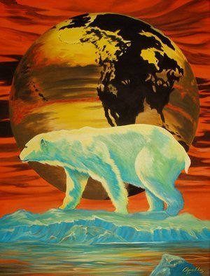 Environmental Artist Apollo: 'Barely Global Warming', 2010 Acrylic Painting, Conceptual.  This Earth Day painting by Apollo one of worlds leading Environmental Artists is designed as a conceptual warning that just a few degrees can make.  the last polar bear stands in front of a world transformed by the loss of the polar cap and tectonic displacement.  ...