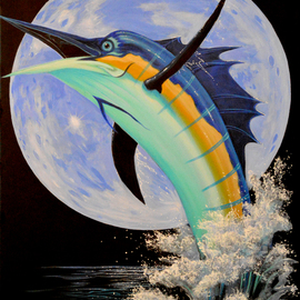 Environmental Artist Apollo: 'Blue Marlin Moon', 2011 Acrylic Painting, Fish. Artist Description: Beautiful Blue marlin against a Blue Moon by Internationally renown Environmental Artist Apollo.  Please do not confuse Apollos with derivatives by other artists.  Apollos art is unique.  Apollo has been painting dolphins and whales since 1980 and his work has been use by several fortune 500companies...