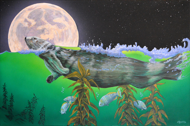 Environmental Artist Apollo  'Moonlight Swim Monterey Bay', created in 2014, Original Mixed Media.