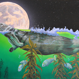 Environmental Artist Apollo Artwork Moonlight Swim Monterey Bay, 2014 Acrylic Painting, Nature