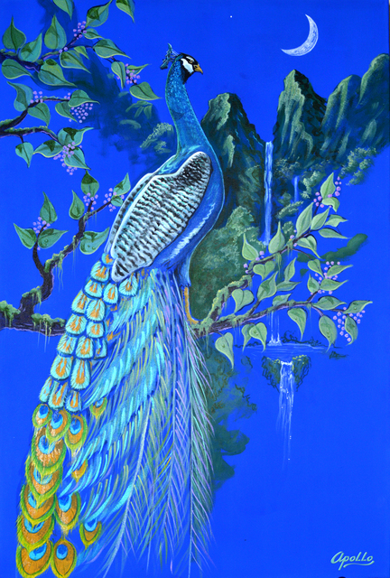Environmental Artist Apollo  'Peacock Moon', created in 2014, Original Mixed Media.